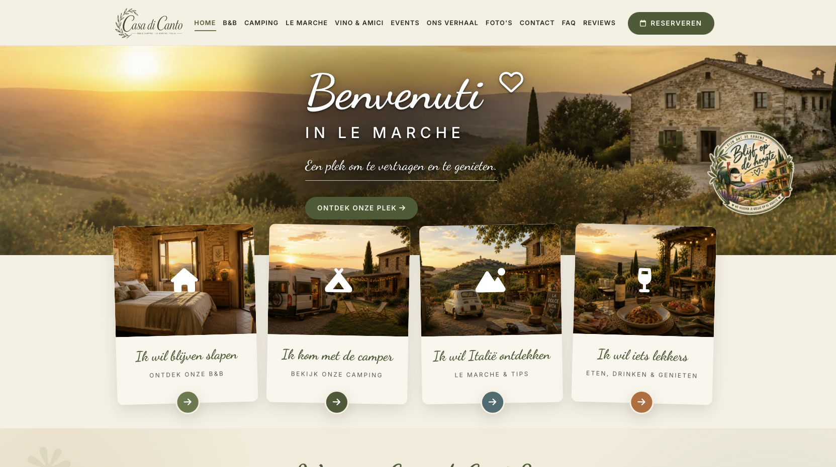 Websiteprototype voor Casa di Canto: een Italiaans landschap bij zonsondergang met ingangen voor B&B, camping, de regio en eten en drinken.